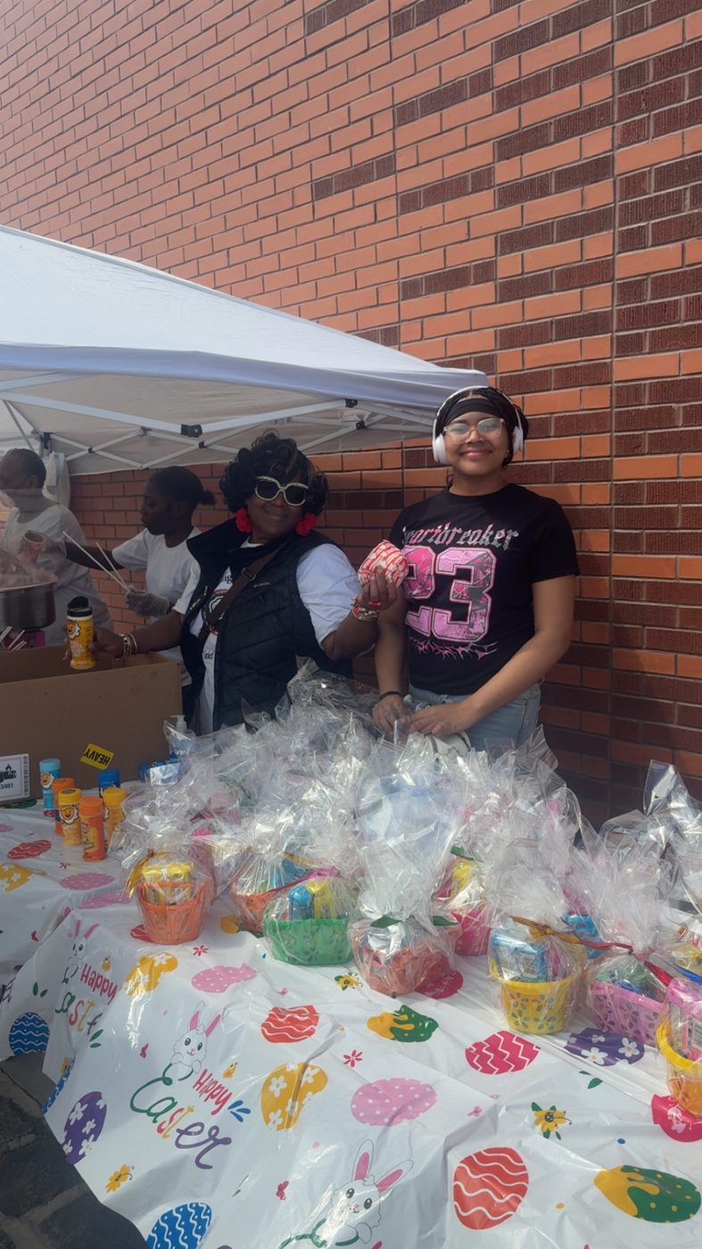 Wrapped Easter baskets ready for children at the giveaway table