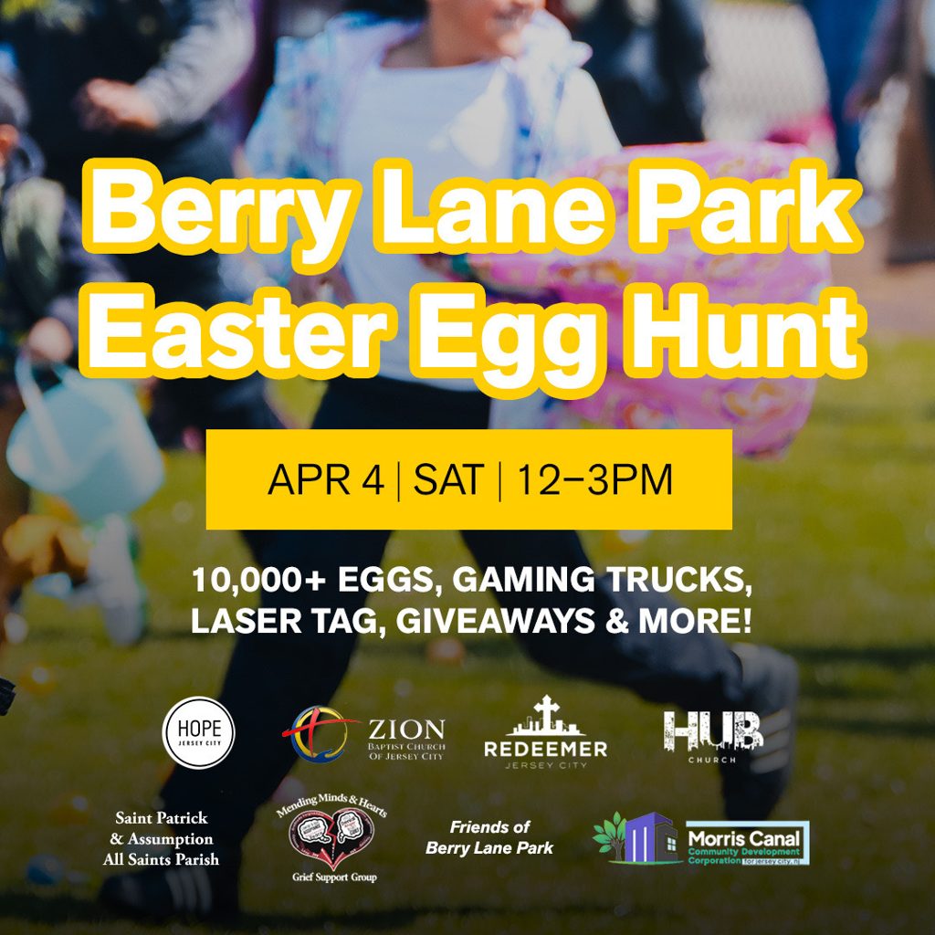 Berry Lane Park Easter Egg Hunt flyer — 10,000+ eggs, gaming trucks, laser tag, giveaways