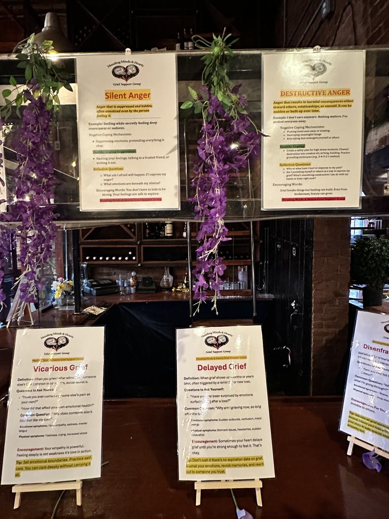 Grief education display cards on easels at the Gift of Life Fundraiser